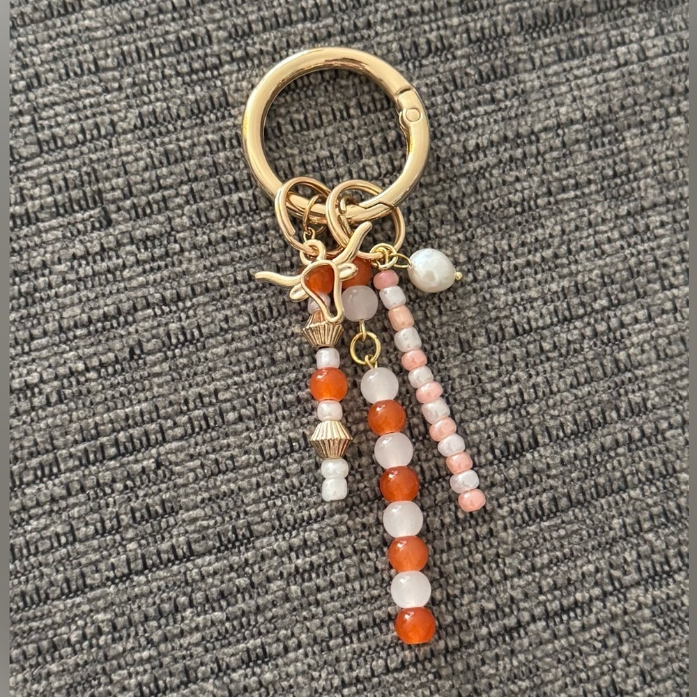 TX Longhorns Orange Designer Inspired Bag Charm Keychain with Pearl Detail - Picture 2 of 3